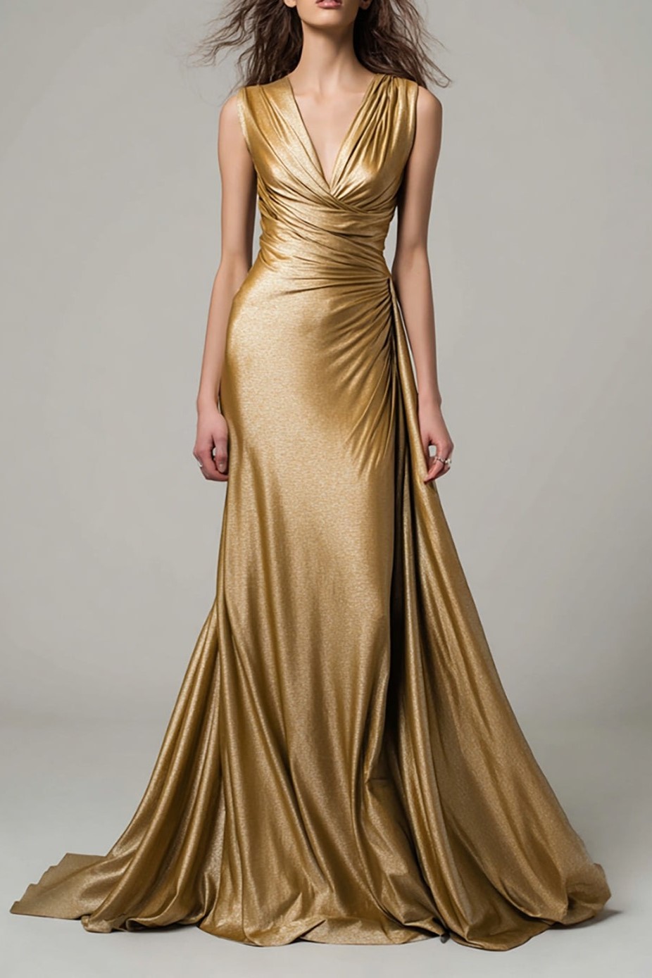 Gold Mermaid Metallic V-Neck Ruched Long Formal Dress
