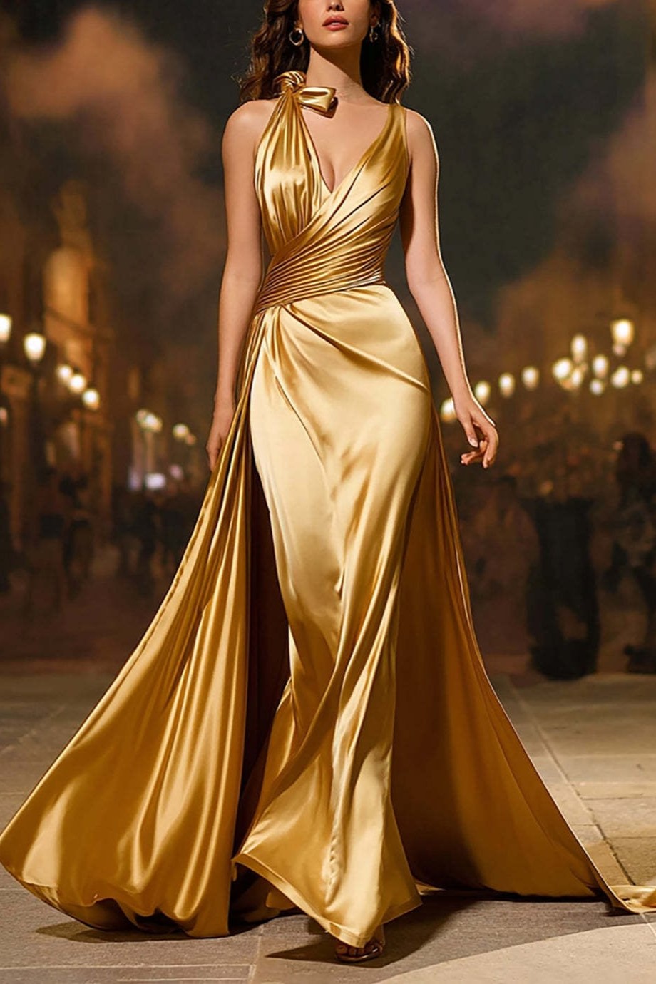 Gold Satin Mermaid V-Neck Maxi Formal Dress with Cape