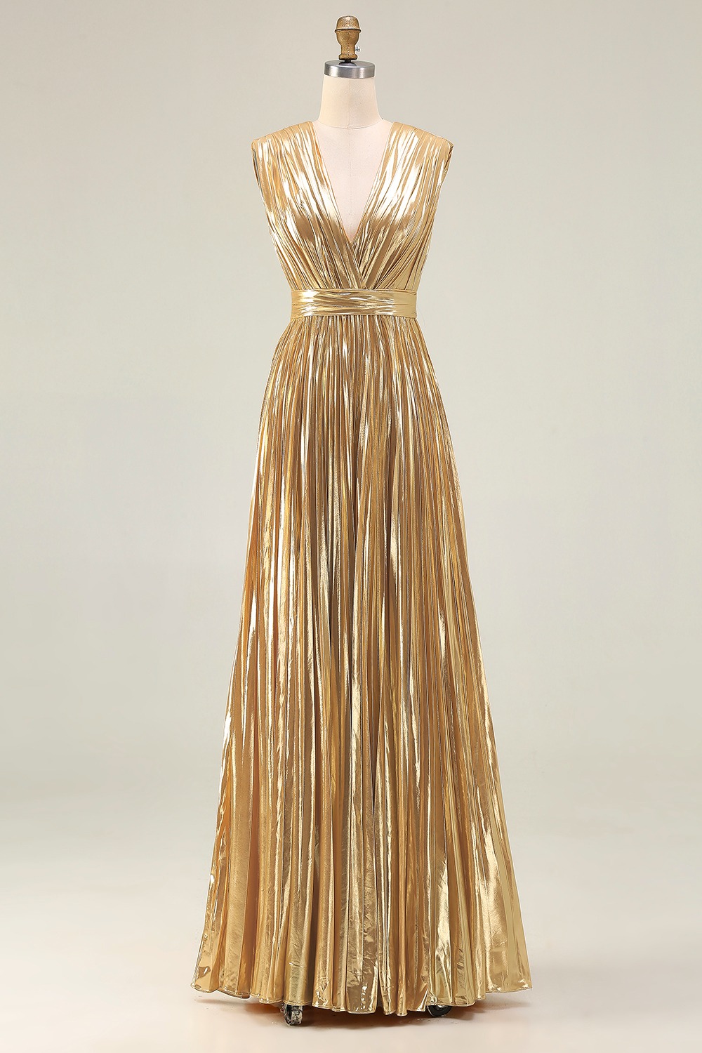 Gold Deep V-Neck A Line Metallic Pleated Long Formal Dress