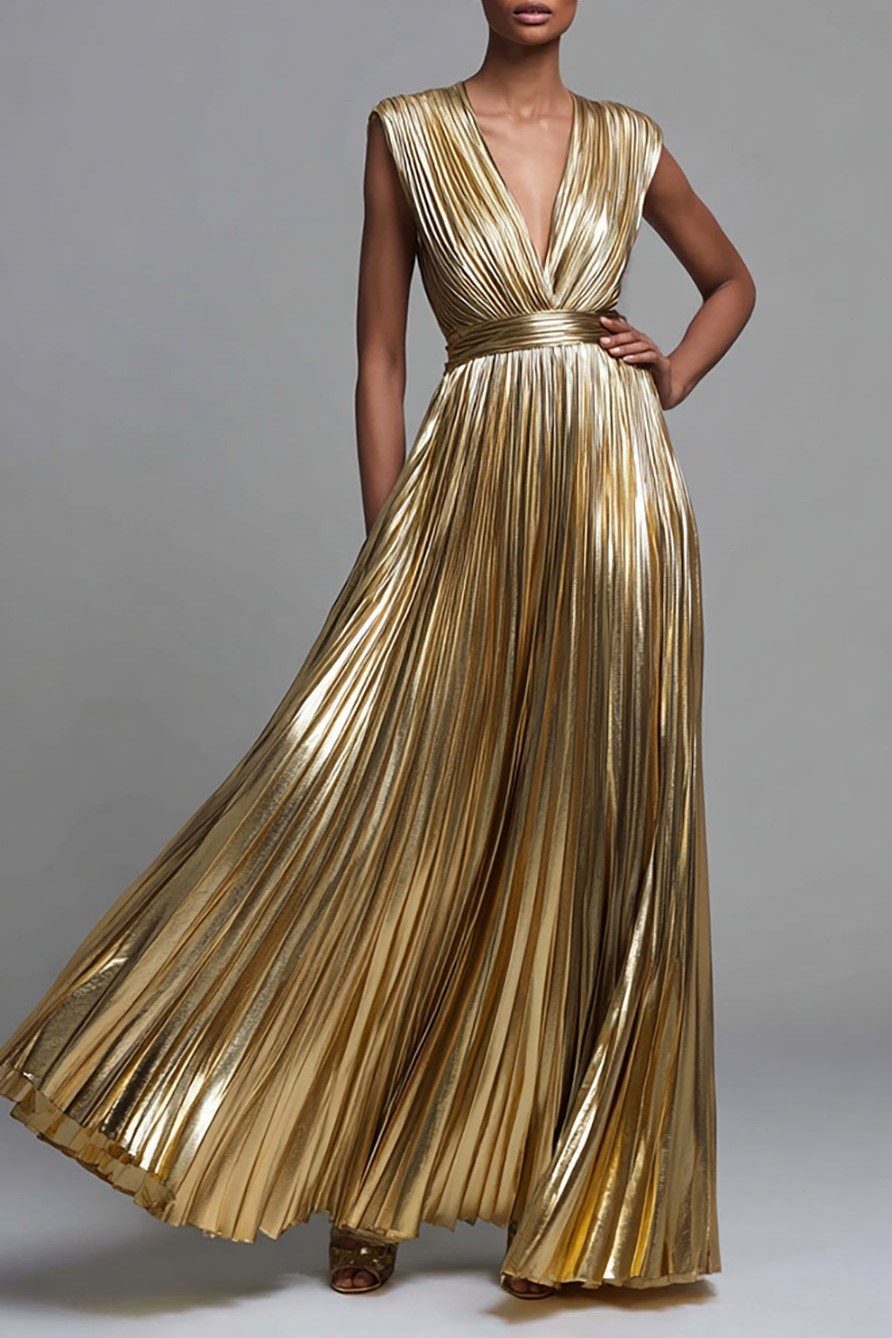 Gold Deep V-Neck A Line Metallic Pleated Long Formal Dress