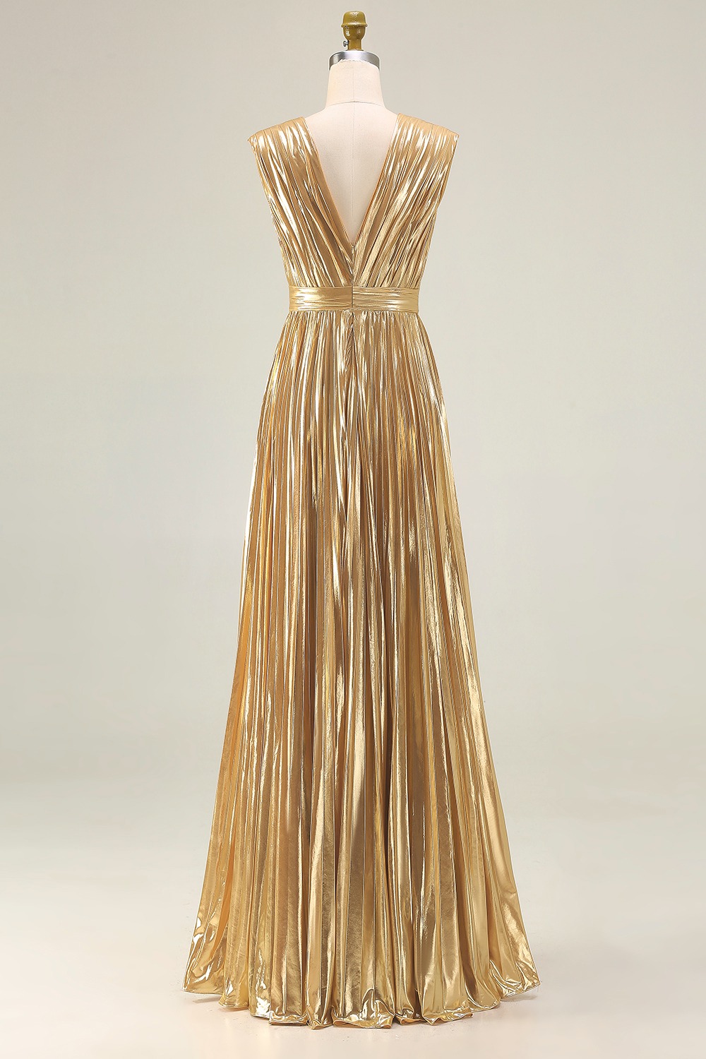 Gold Deep V-Neck A Line Metallic Pleated Long Formal Dress