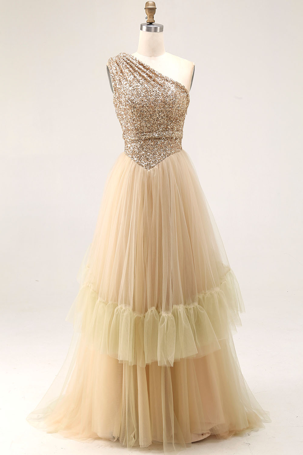 Sparkly Champagne Pleated Tulle One Shoulder Long Formal Dress with Sequins