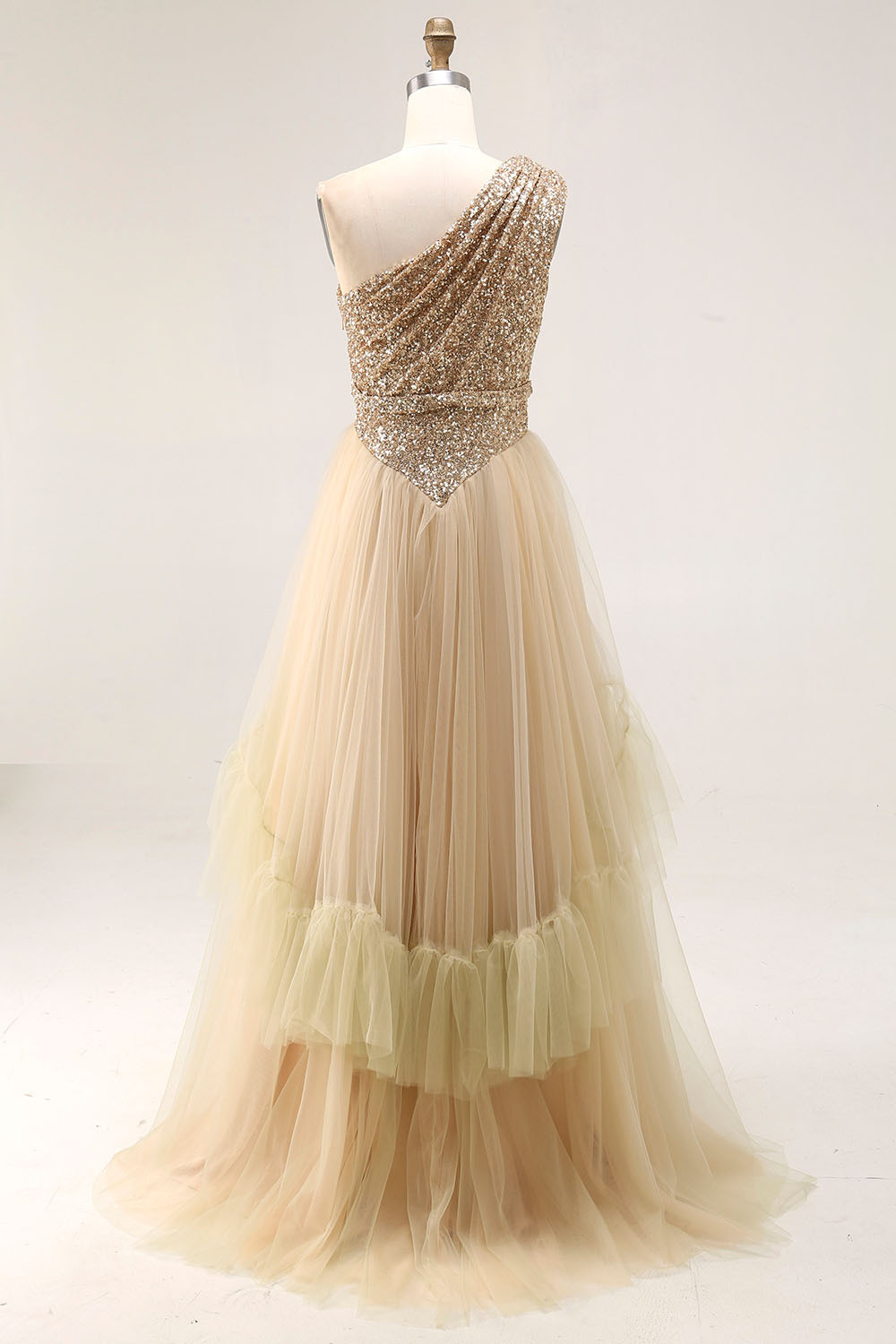 Sparkly Champagne Pleated Tulle One Shoulder Long Formal Dress with Sequins
