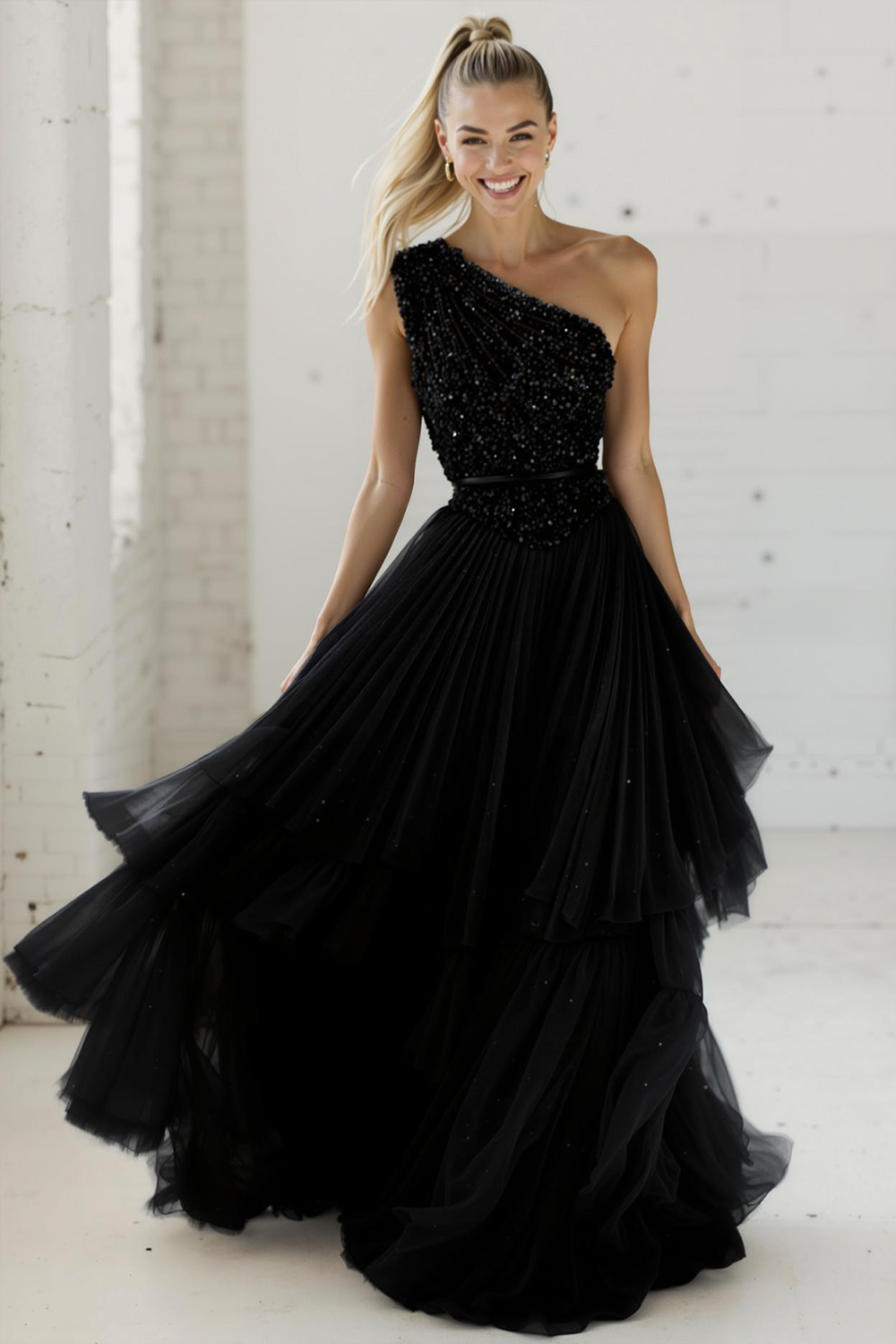 Sparkly Champagne Pleated Tulle One Shoulder Long Formal Dress with Sequins