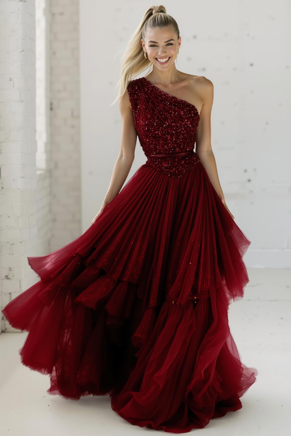 Sparkly Champagne Pleated Tulle One Shoulder Long Formal Dress with Sequins