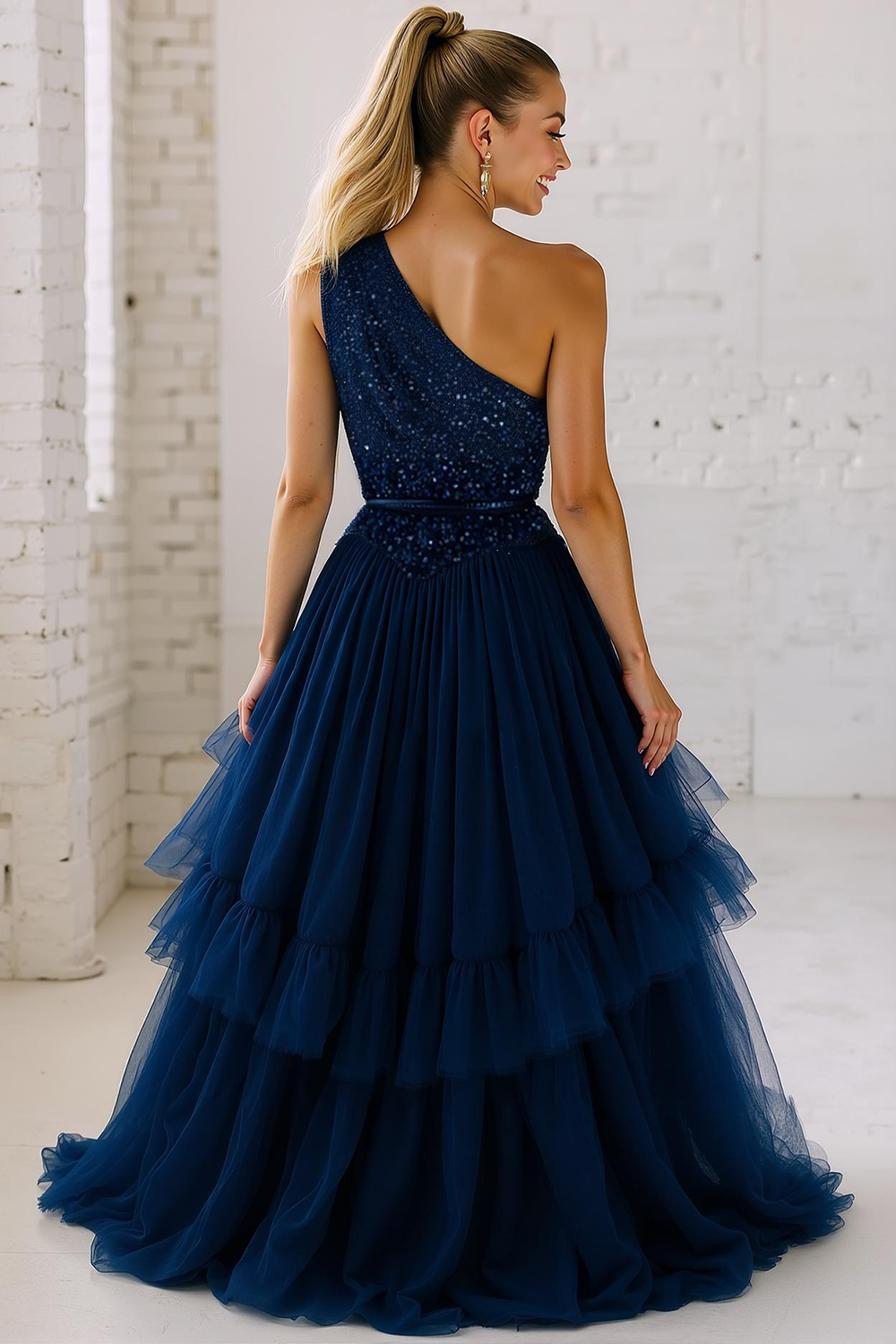 Sparkly Champagne Pleated Tulle One Shoulder Long Formal Dress with Sequins