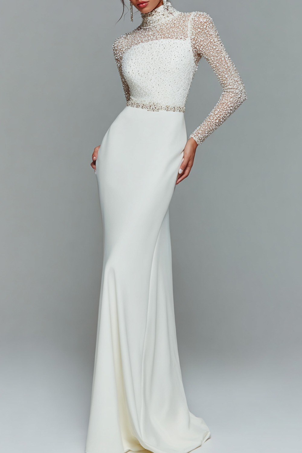 Formal Dress White Sheath Illusion Neck Beaded Chiffon Maxi Dress