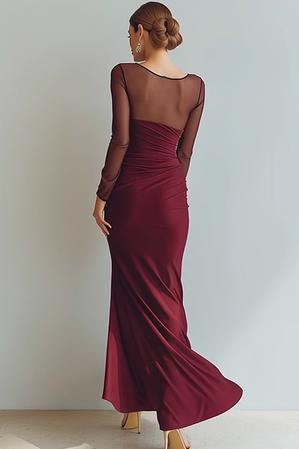 Cabernet Ruched Mermaid Illusion Neck Long Formal Dress with Silt