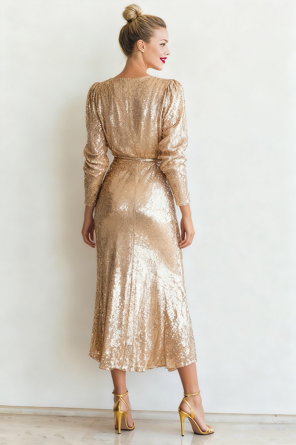 Sparkly Champagne Sequins V-Neck Long Evening Dress with Slit