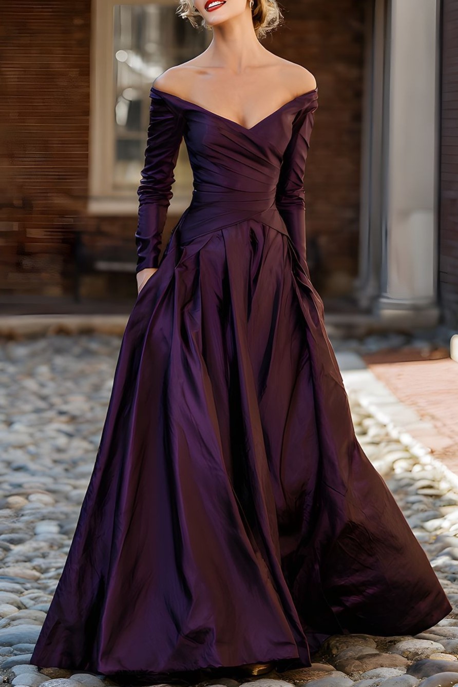 Plum A Line Off the Shoulder Long Mother of the Bride Dress with Sleeves