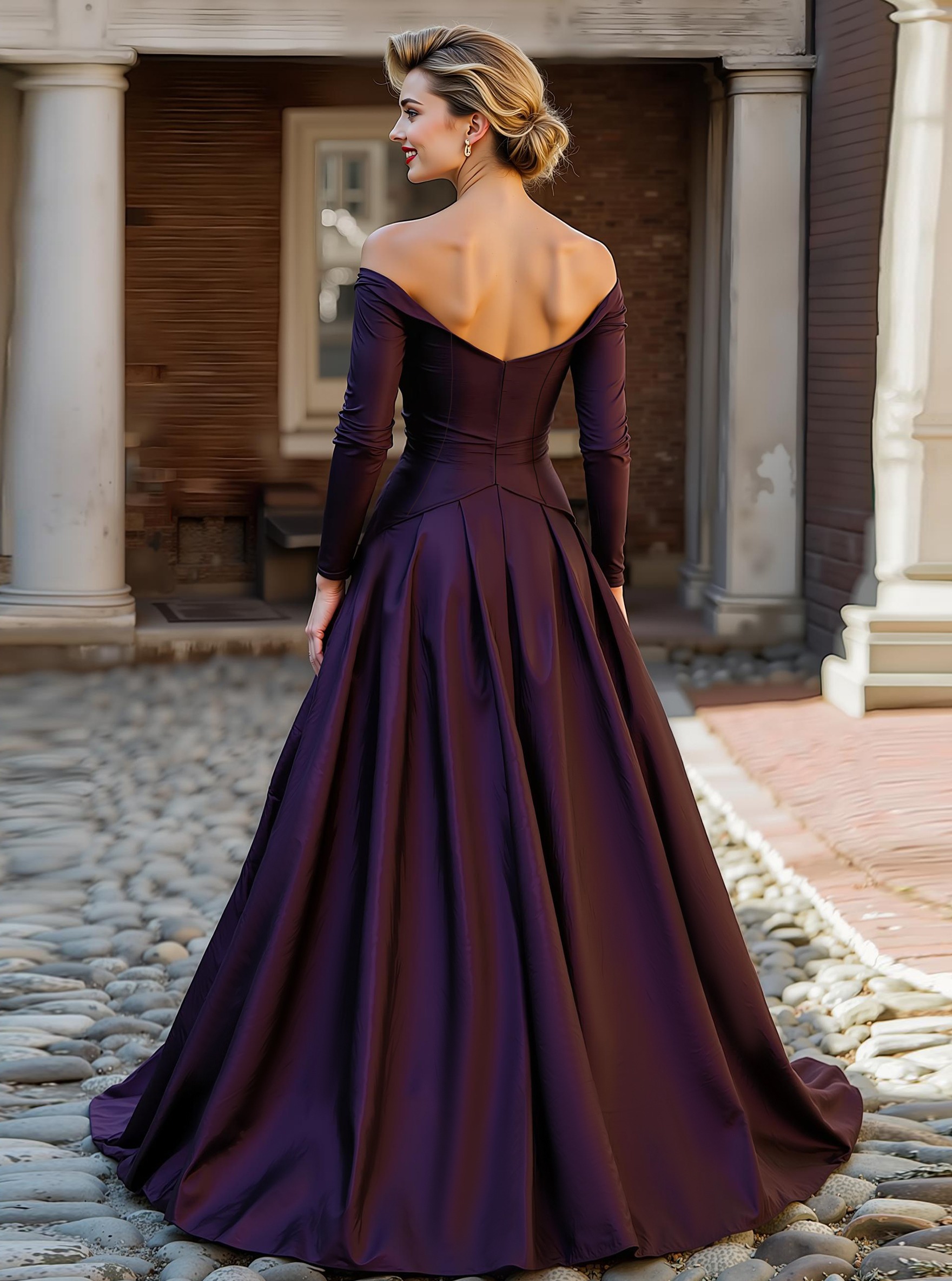 Plum A Line Off the Shoulder Long Mother of the Bride Dress with Sleeves