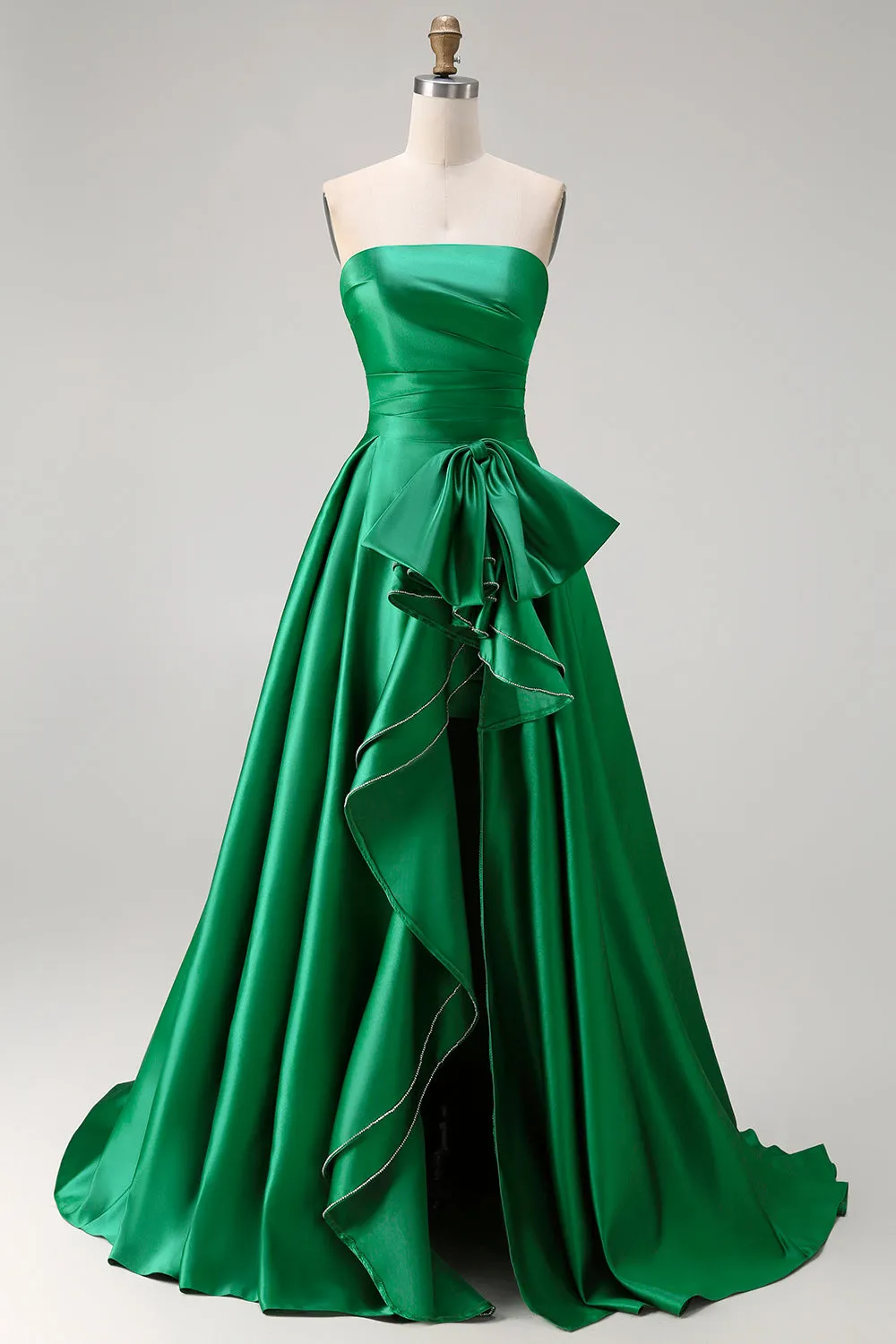 Dark Green A Line Ruched Strapless Long Prom Dress with Detachable Cape