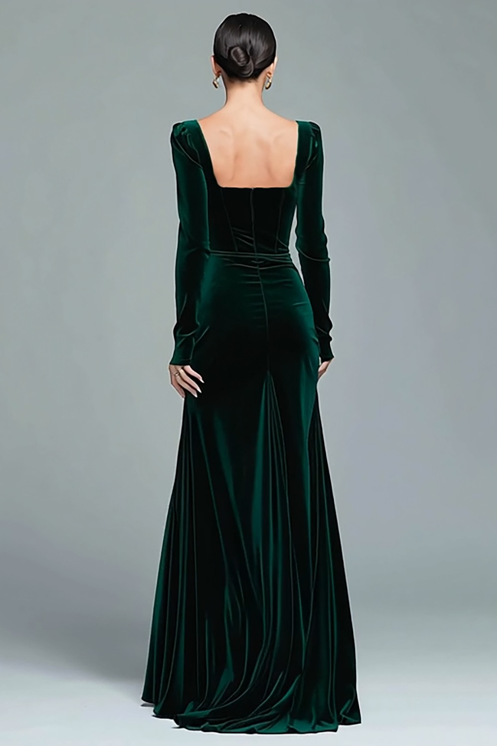Dark Green Square Neck Velvet Long Holiday Party Dress with Slit
