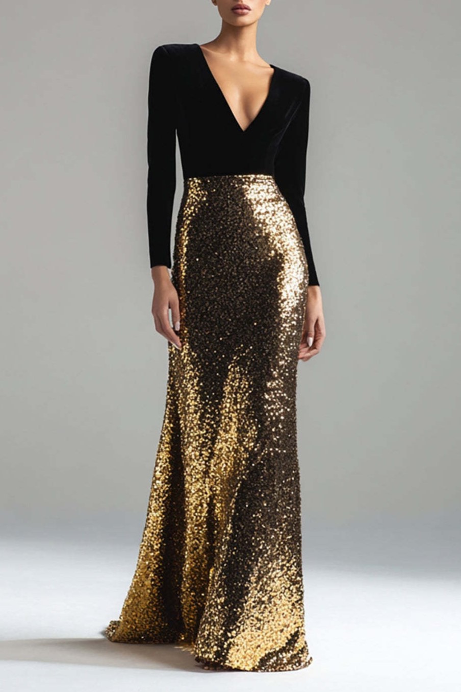 Sparkly Gold and Black Velvet V-Neck Maxi Holiday Party Dress with Sequins