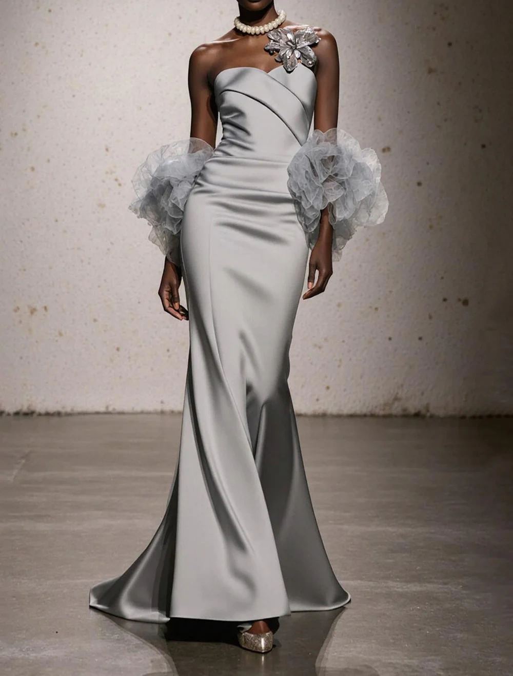 Silver Satin Ruched Sweetheart Mermaid Long Formal Dress