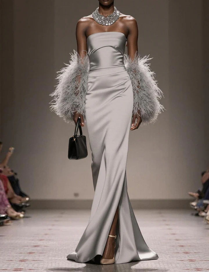 Silver Satin Strapless Mermaid Long Formal Dress with Slit