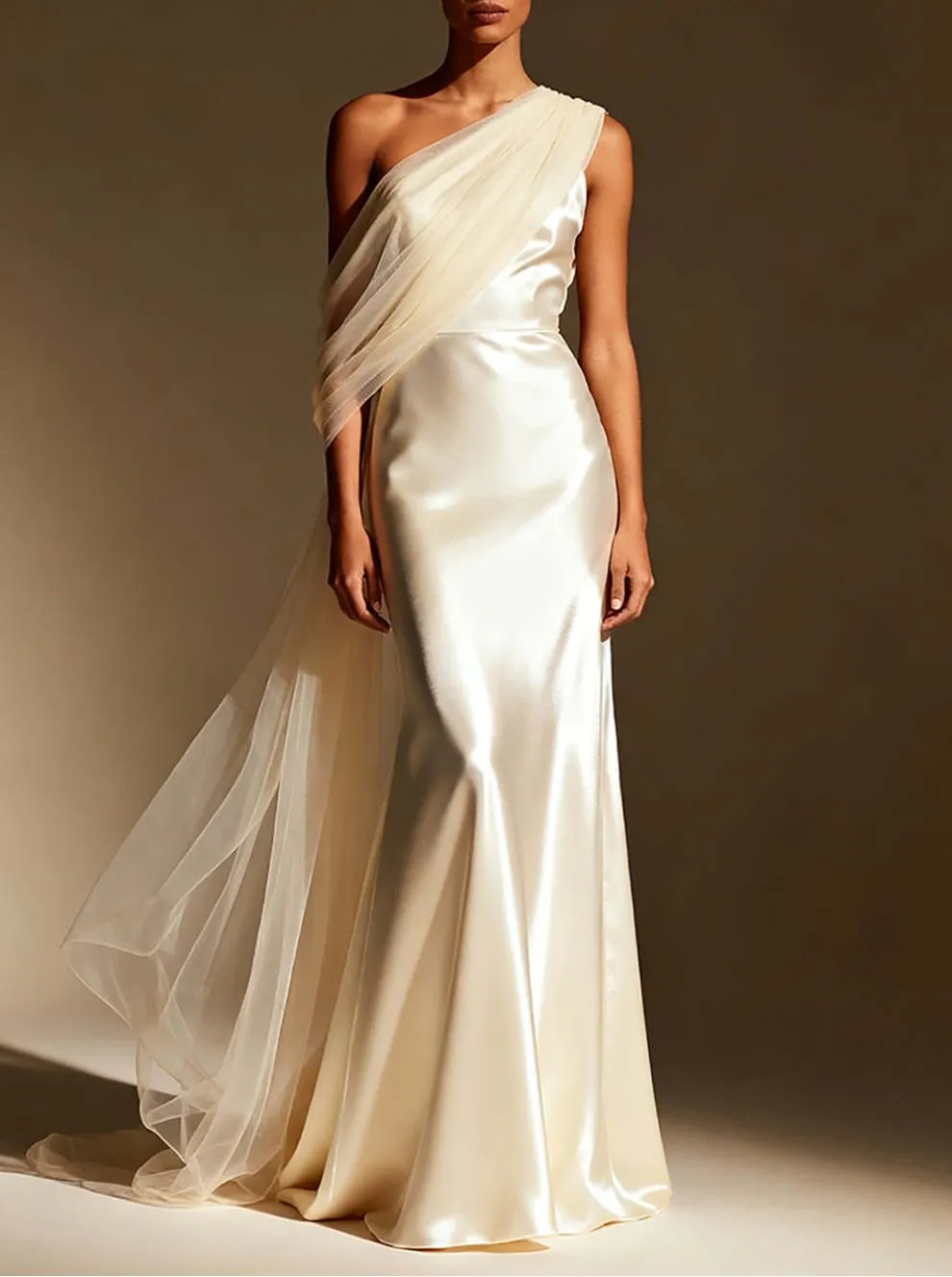 White Satin Mermaid One Shoulder Long Formal Dress with Side Cape