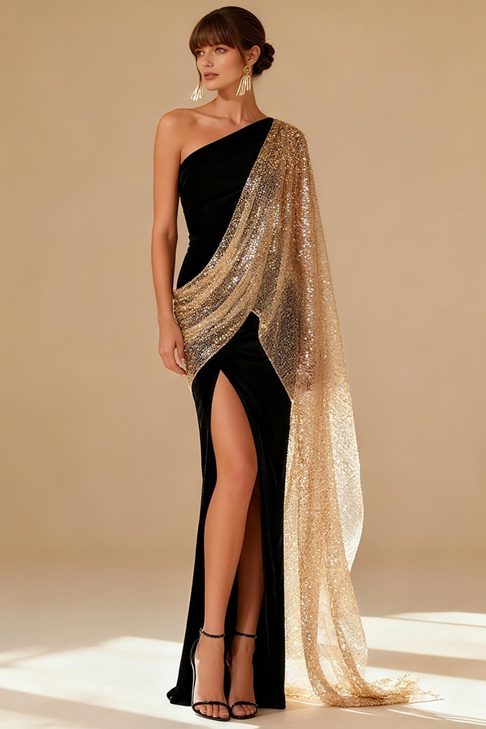 Sparkly Black Mermaid One Shoulder Maxi Formal Dress with Slit