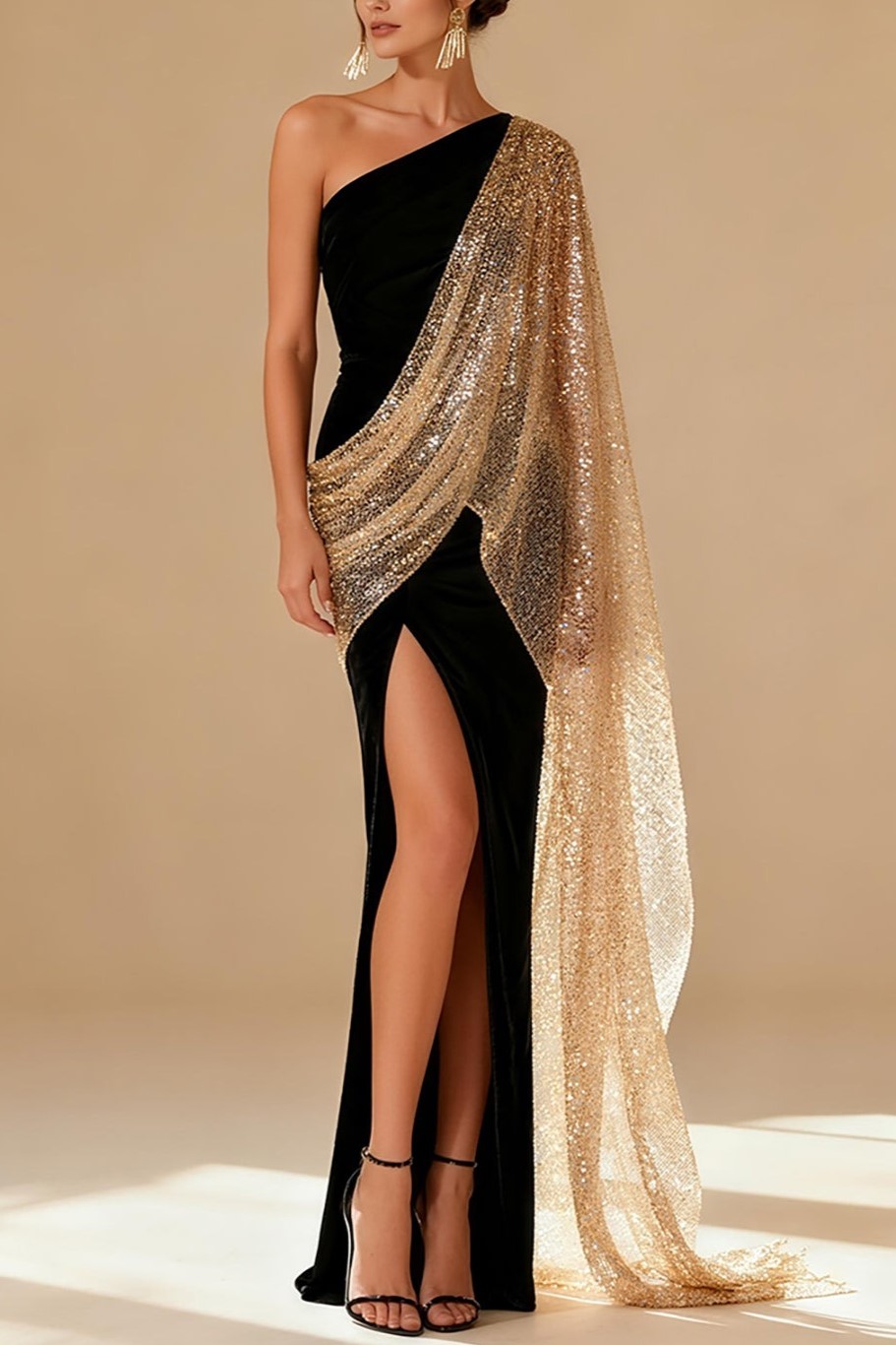 Sparkly Black Mermaid One Shoulder Maxi Formal Dress with Slit