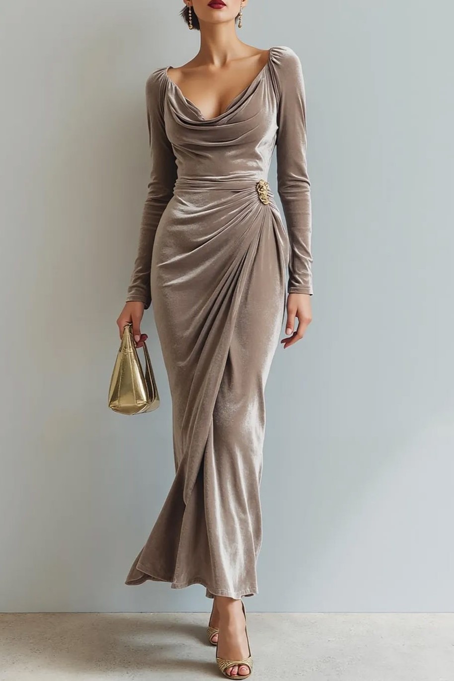 Light Beige Cowl Neck Velvet Sheath Maxi Formal Dress with Sleeves