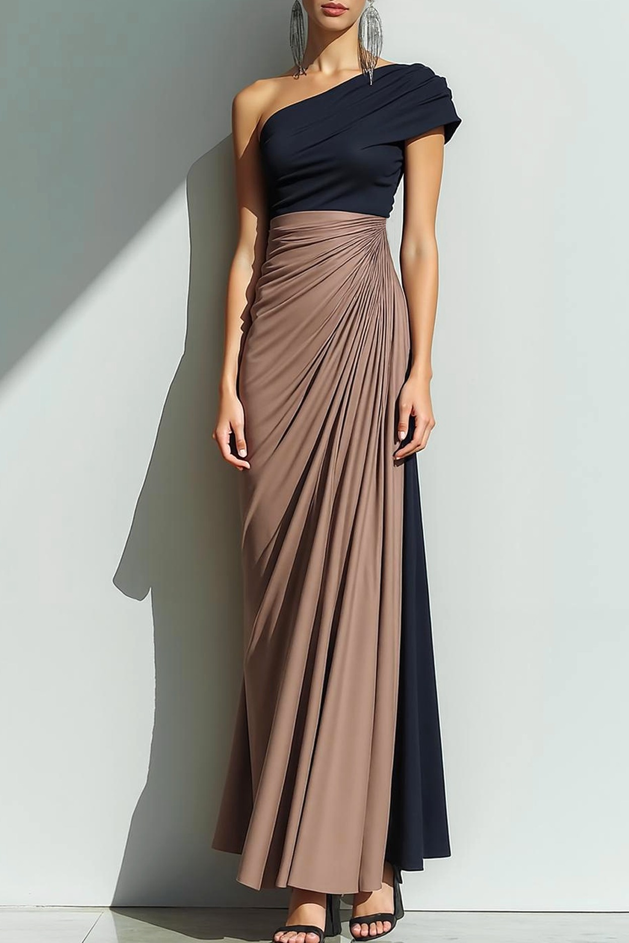 Brown Formal Dress Sheath One Shoulder Splicing Maxi Dress
