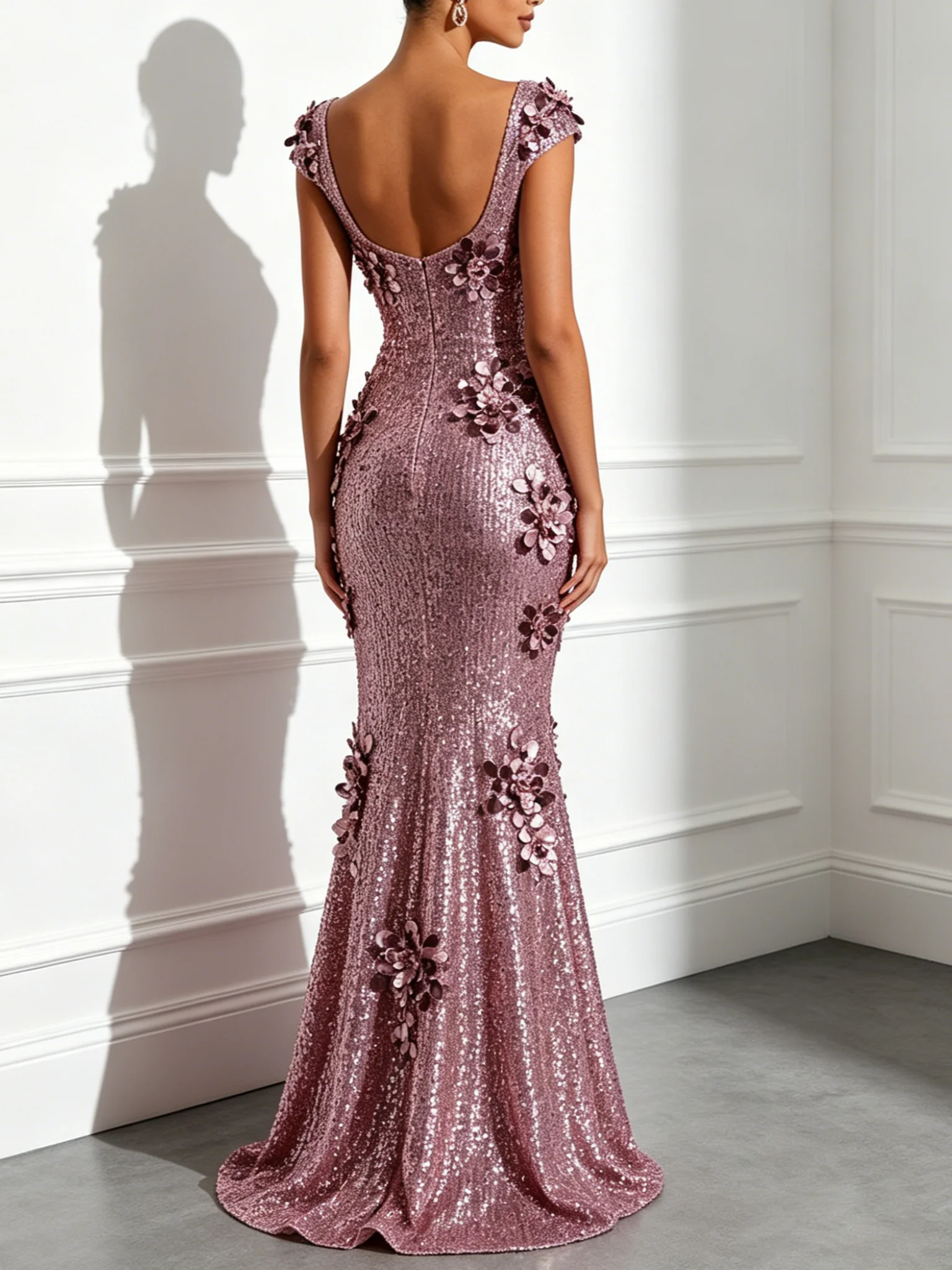 Pink 3D Floral Sequin Sweetheart Neckline Short Sleeve Mermaid Floor-length Gown Dress