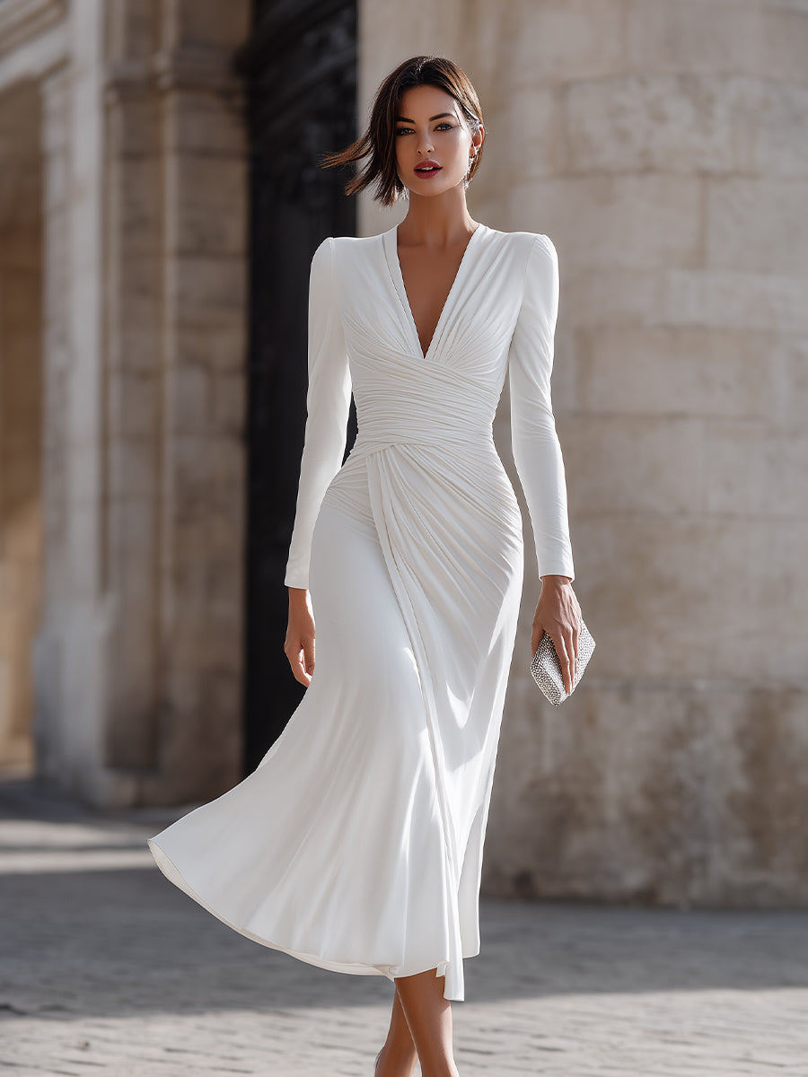White Ruched V-Neck Long Sleeve Midi Dress
