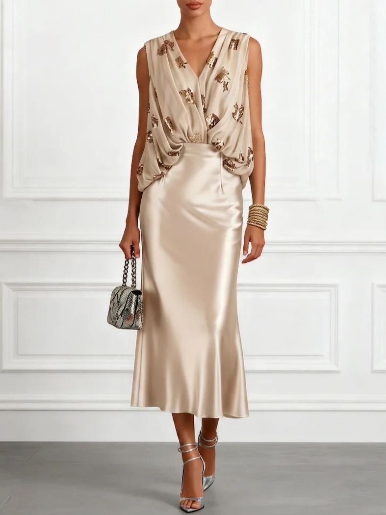 Women Champagne Glitter V Neck Sleeveless Dressy Top With Skirt Two-Piece Set