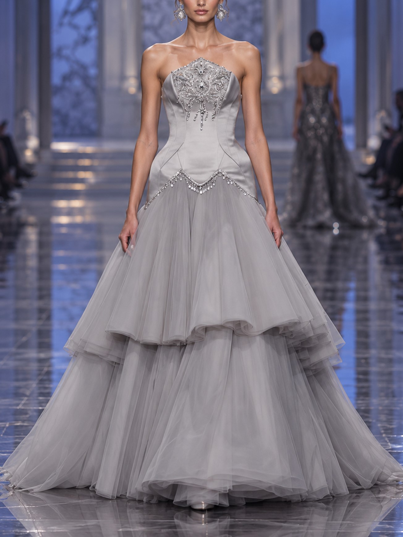 Dusty Grey Strapless Tulle A-Line Formal Dress