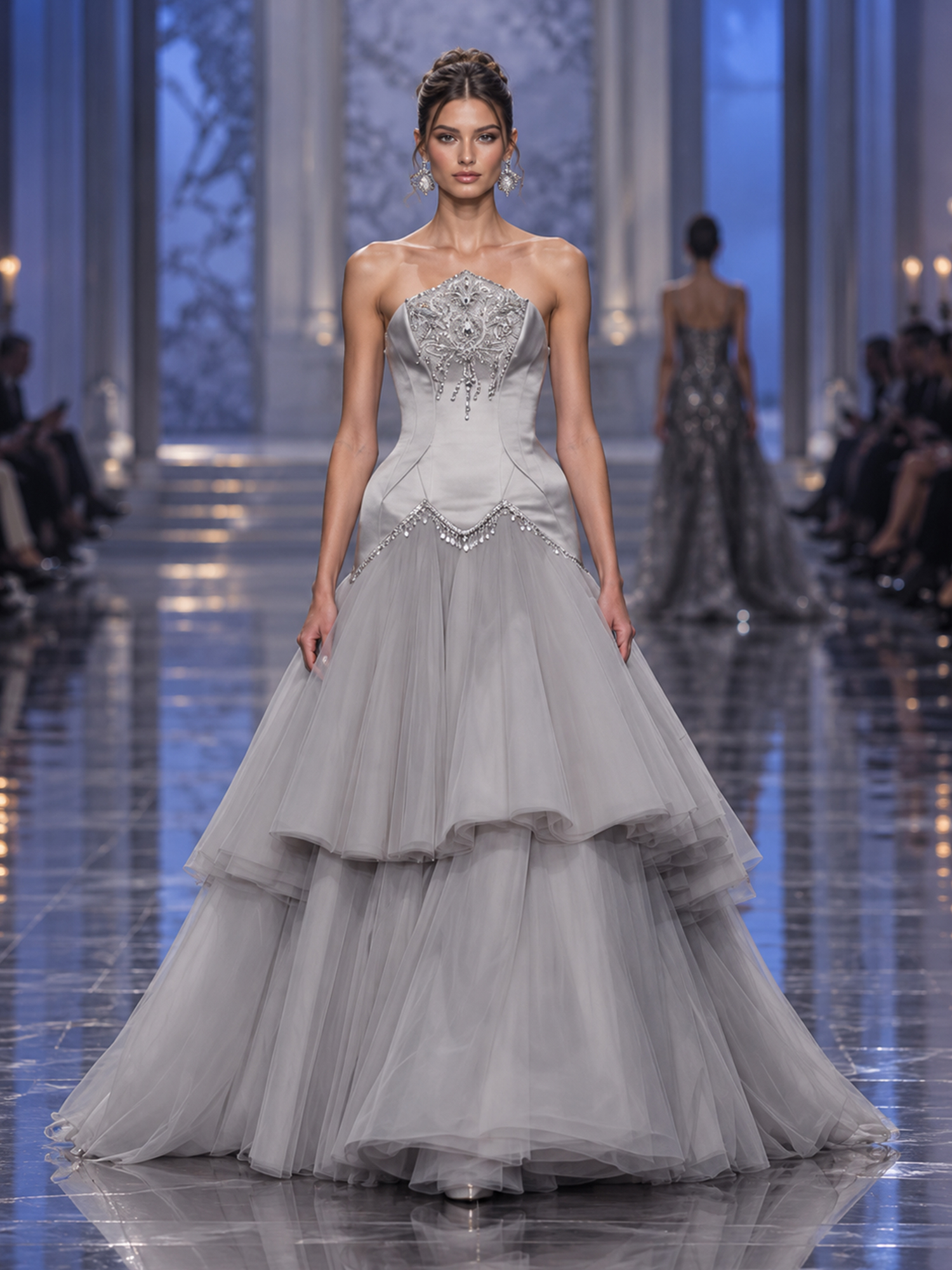 Dusty Grey Strapless Tulle A-Line Formal Dress