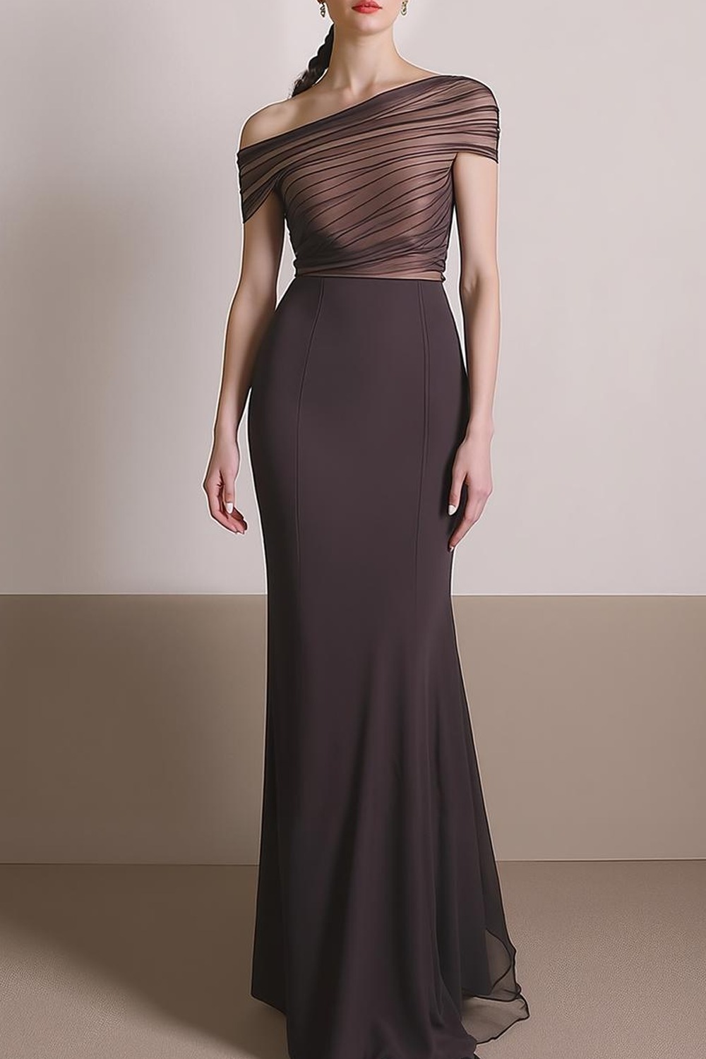 Formal Dress Sheath Brown One Shoulder Maxi Dress