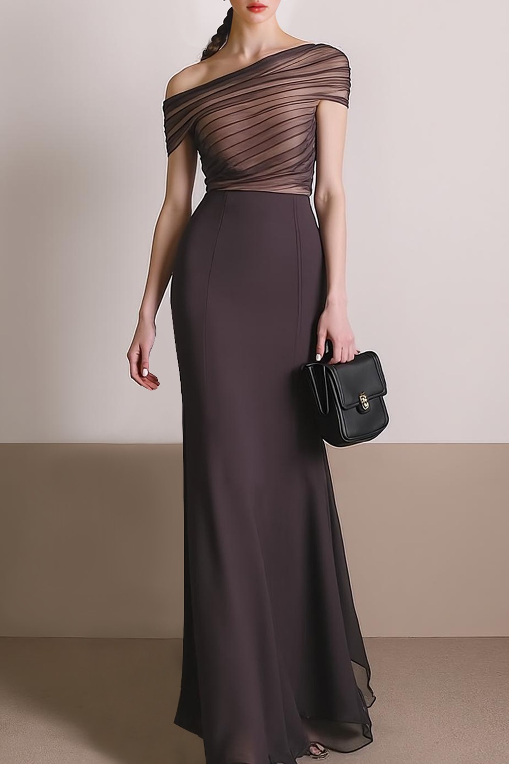 Formal Dress Sheath Brown One Shoulder Maxi Dress