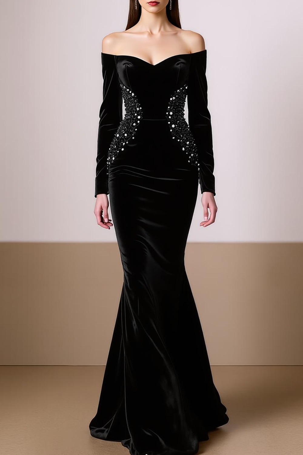 Evening Formal Dress Mermaid Black Long Sleeves Beaded Maxi Dress