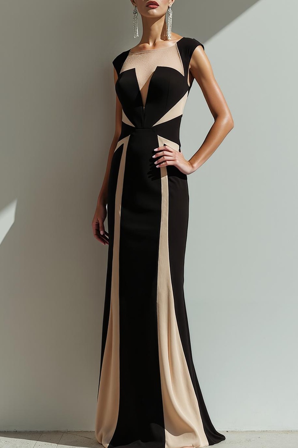 Evening Formal Dress Sheath Black Crew Neck Splicing Maxi Dress