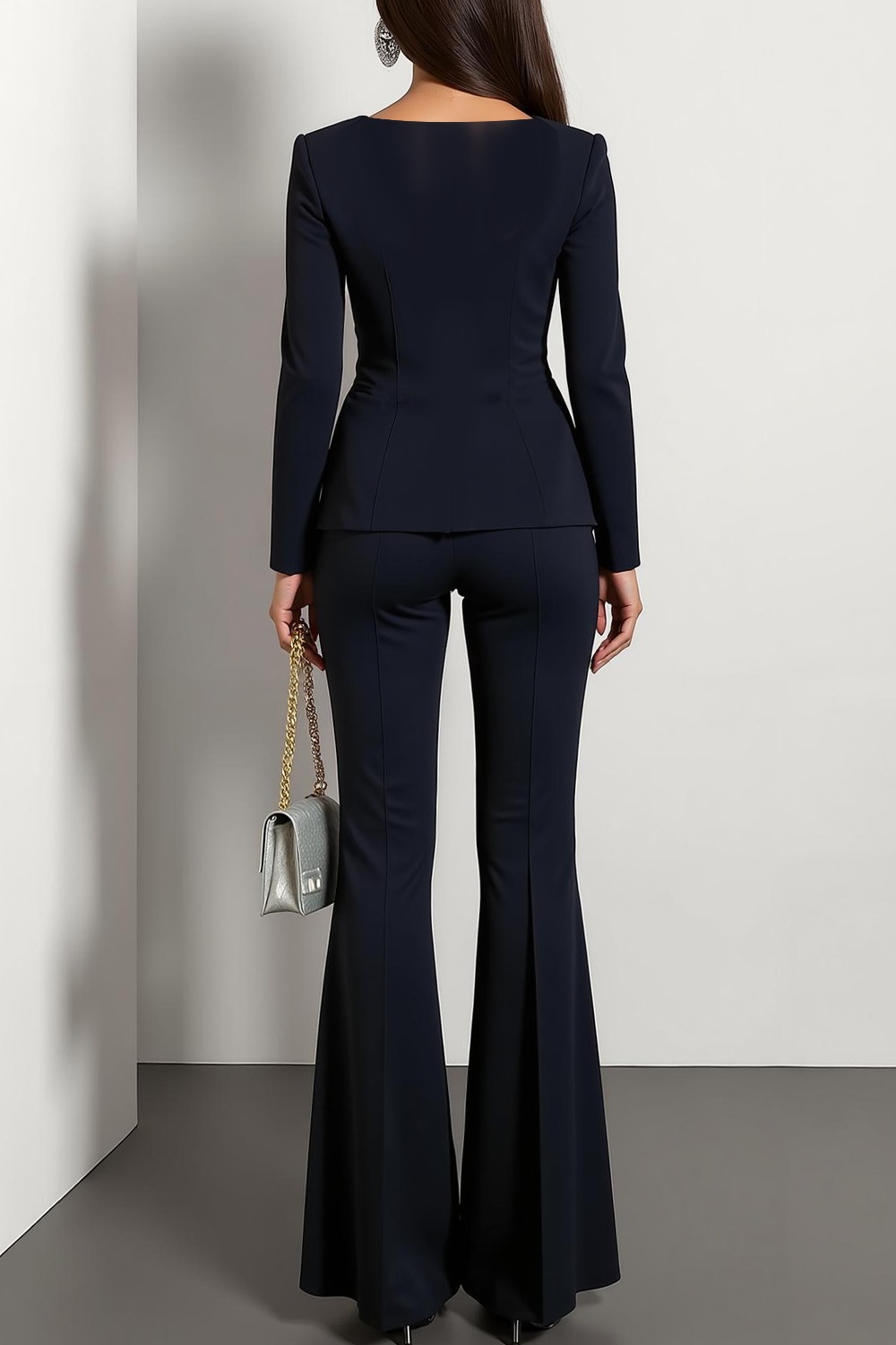 Work Outfit Sets Black Square Neck Long Sleeve Pants Set