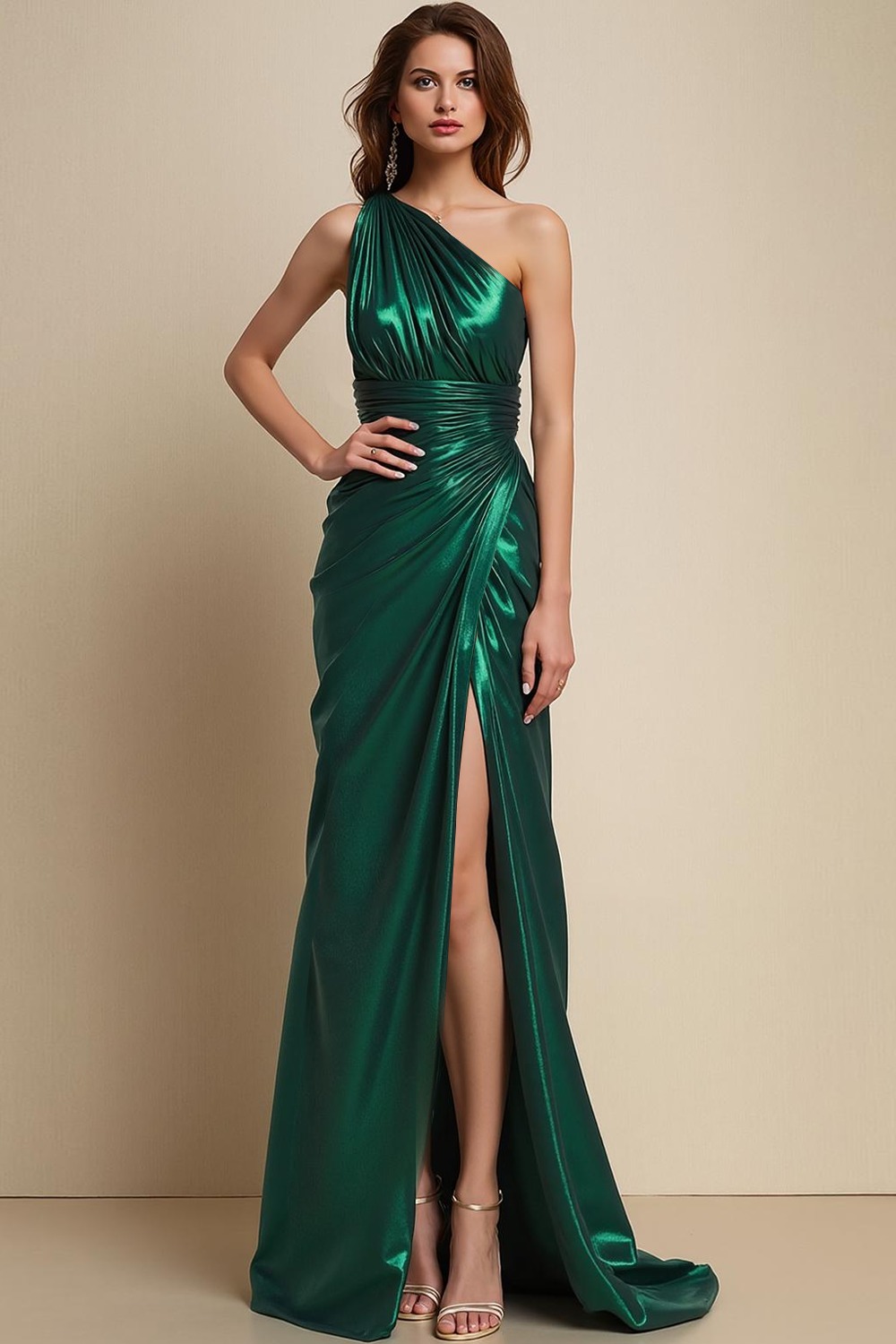Formal Dress Emerald Green Metallic Satin One Shoulder Slit Maxi Dress