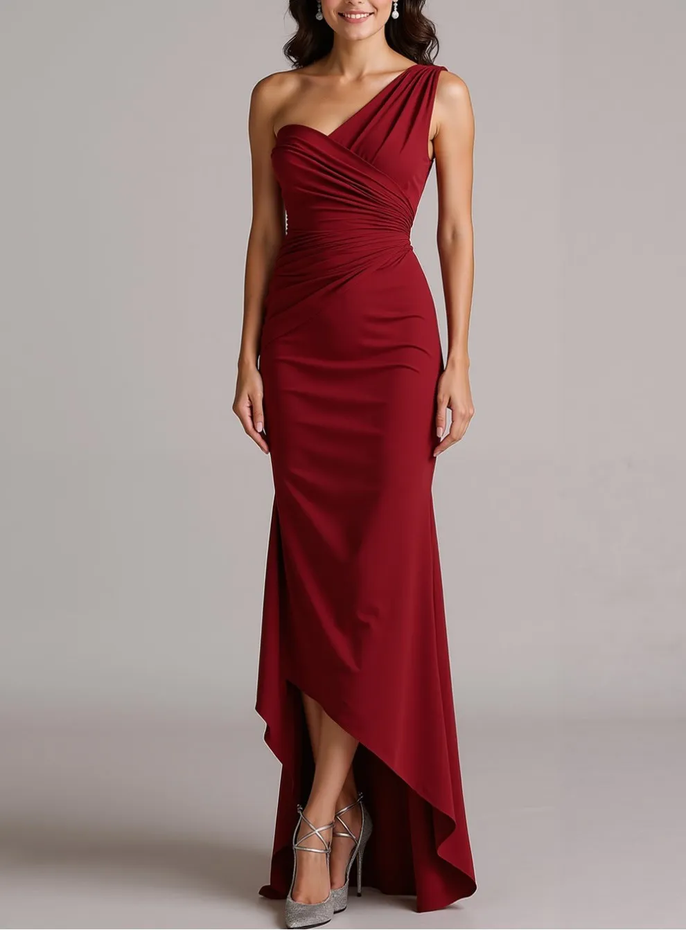 Dusty Blue One Shoulder Ruched High Low Evening Dress