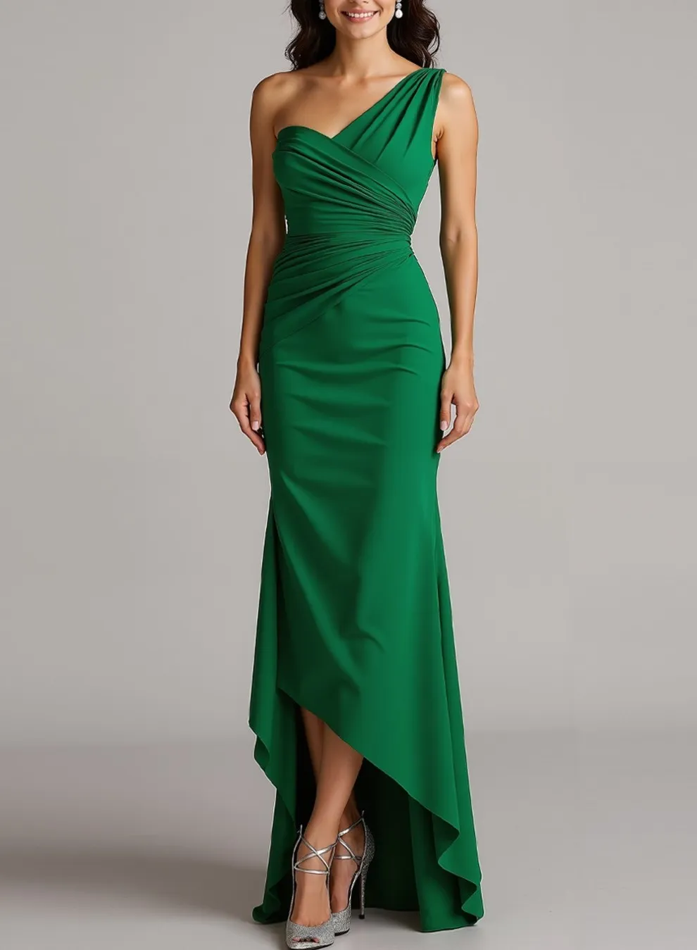 Dusty Blue One Shoulder Ruched High Low Evening Dress