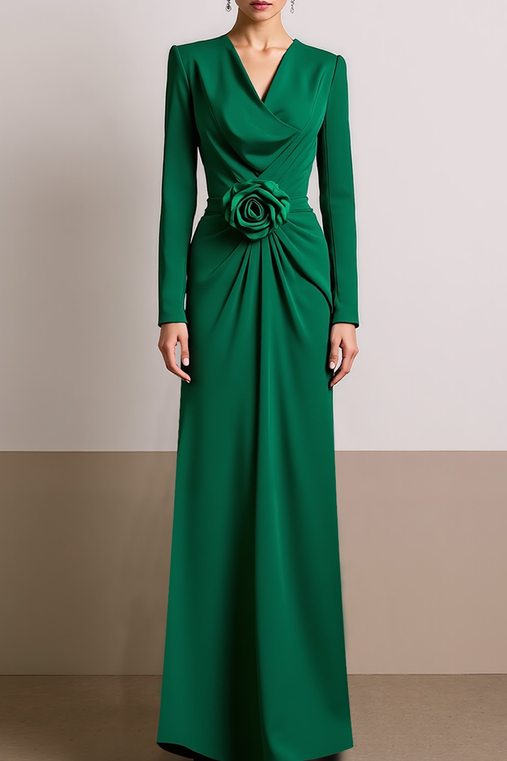 Formal Dress Sheath Green V-Neck 3D Flower Maxi Dress