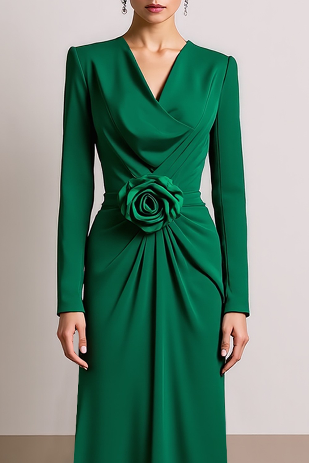 Formal Dress Sheath Green V-Neck 3D Flower Maxi Dress