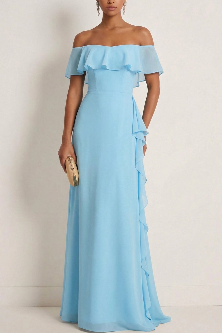 Chiffon A Line Sea Glass Chiffon Off the Shoulder Long Bridesmaid Dress