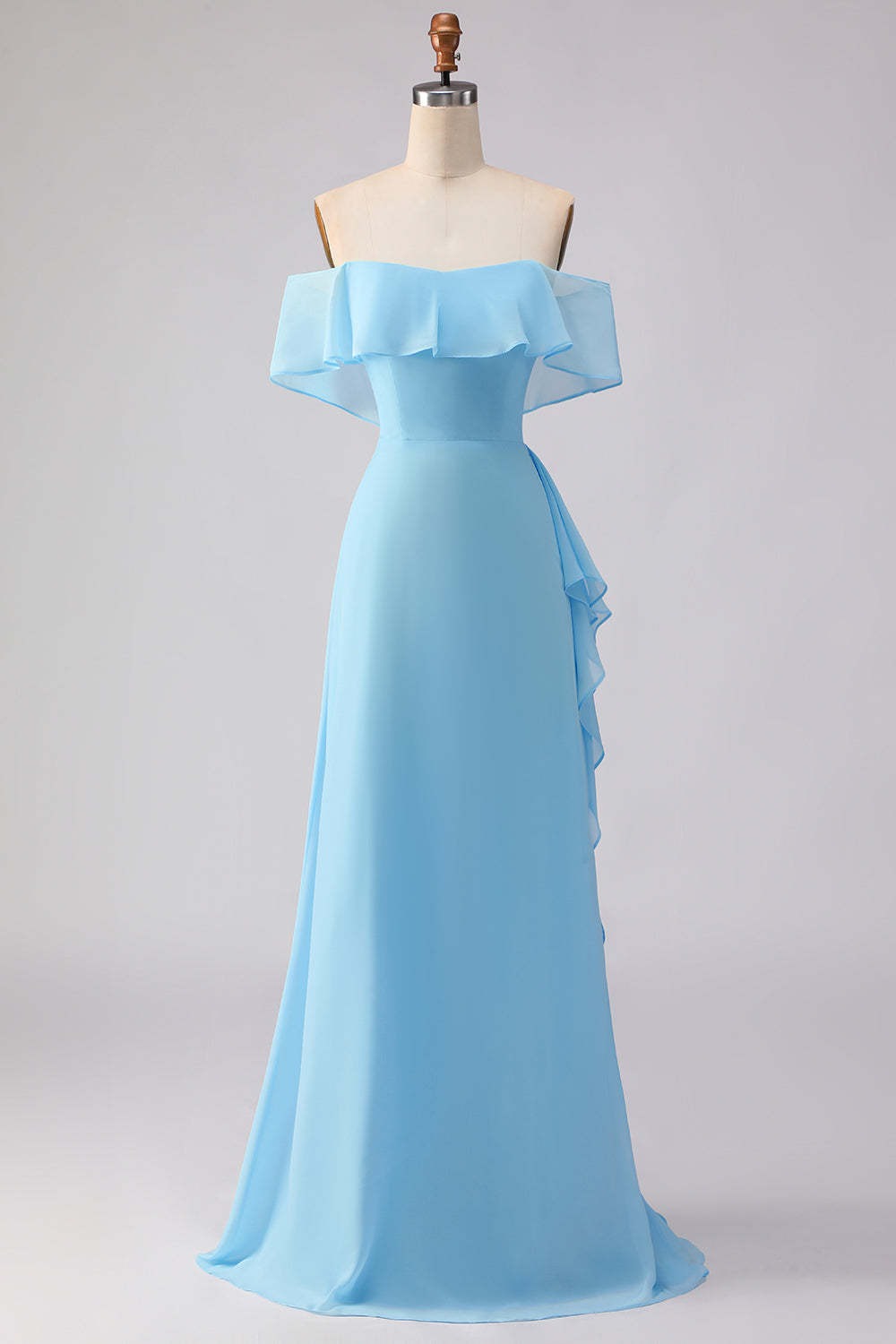 Chiffon A Line Sea Glass Chiffon Off the Shoulder Long Bridesmaid Dress