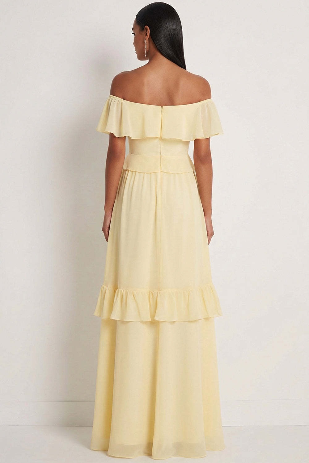 Yellow A Line Ruffled Off the Shoulder Maxi Bridesmaid Dress