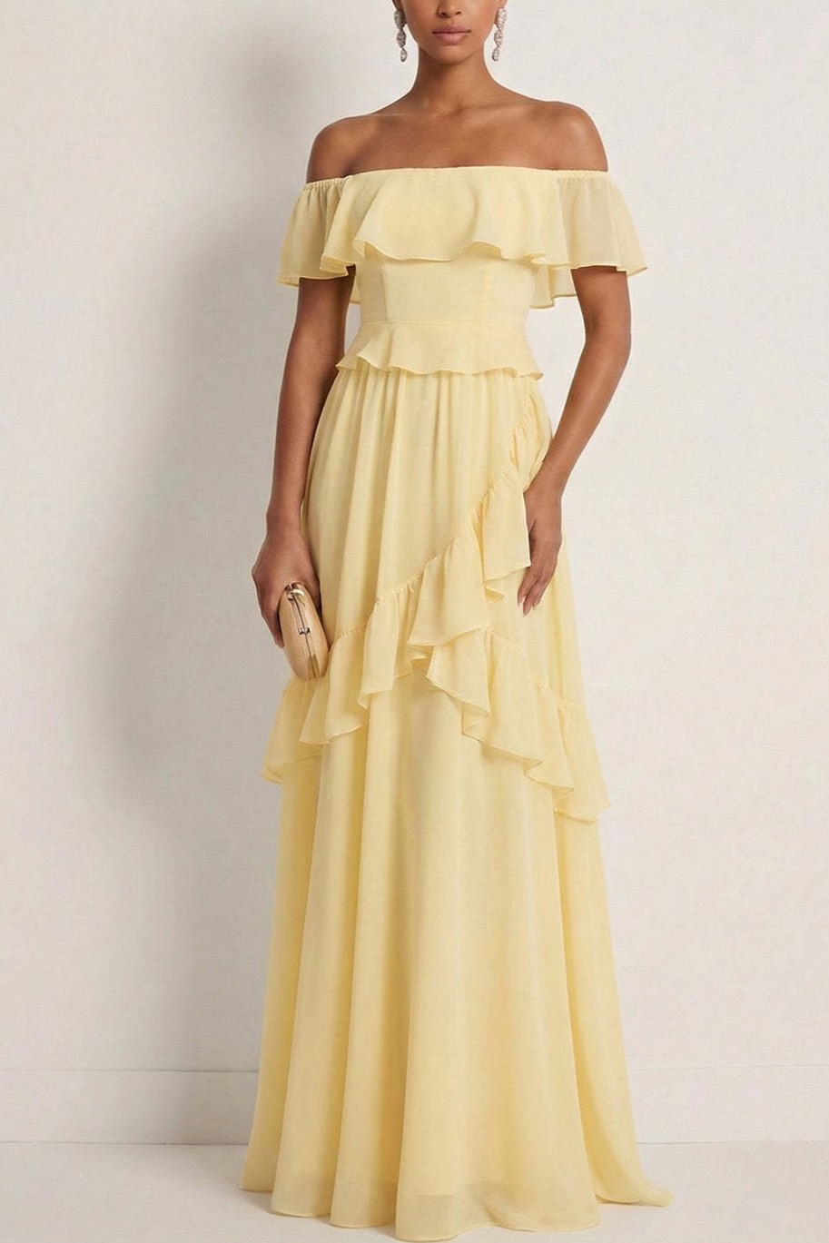 Yellow A Line Ruffled Off the Shoulder Maxi Bridesmaid Dress