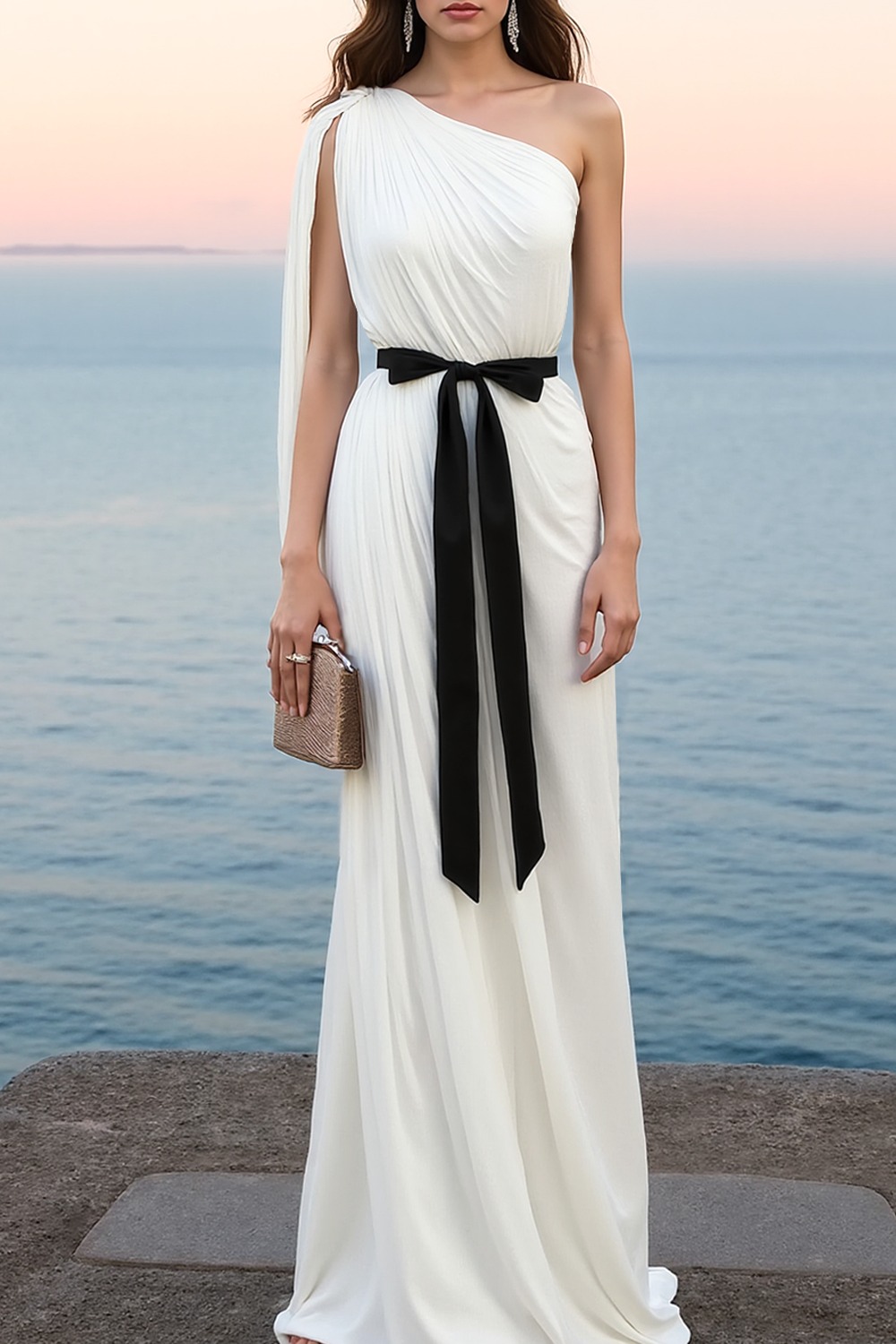 Formal Evening Dress White Sheath One Shoulder Chiffon Maxi Dress