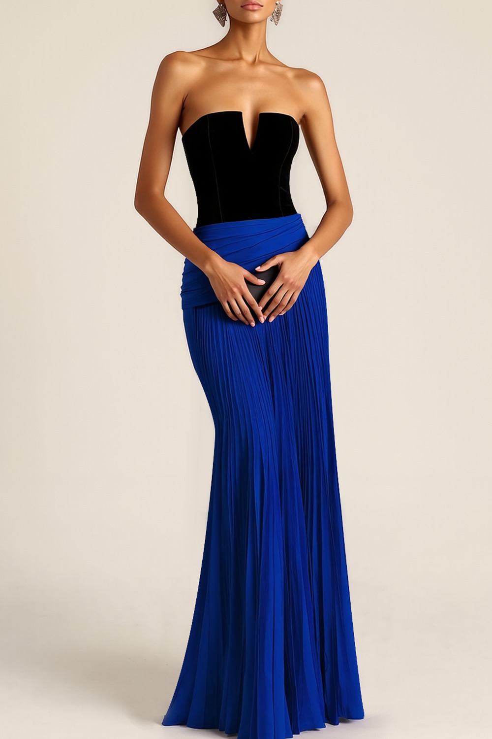 Royal Blue Formal Dress Sheath Strapless Pleated Maxi Dress