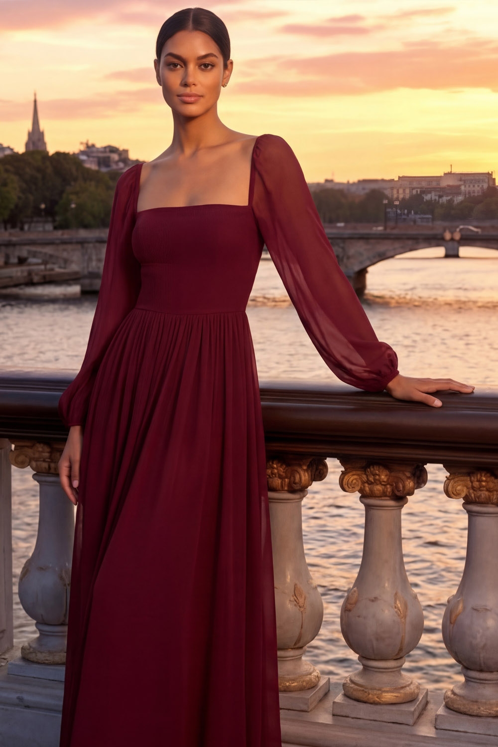 Burgundy Formal Evening Dress Square Neck Chiffon Maxi Dress