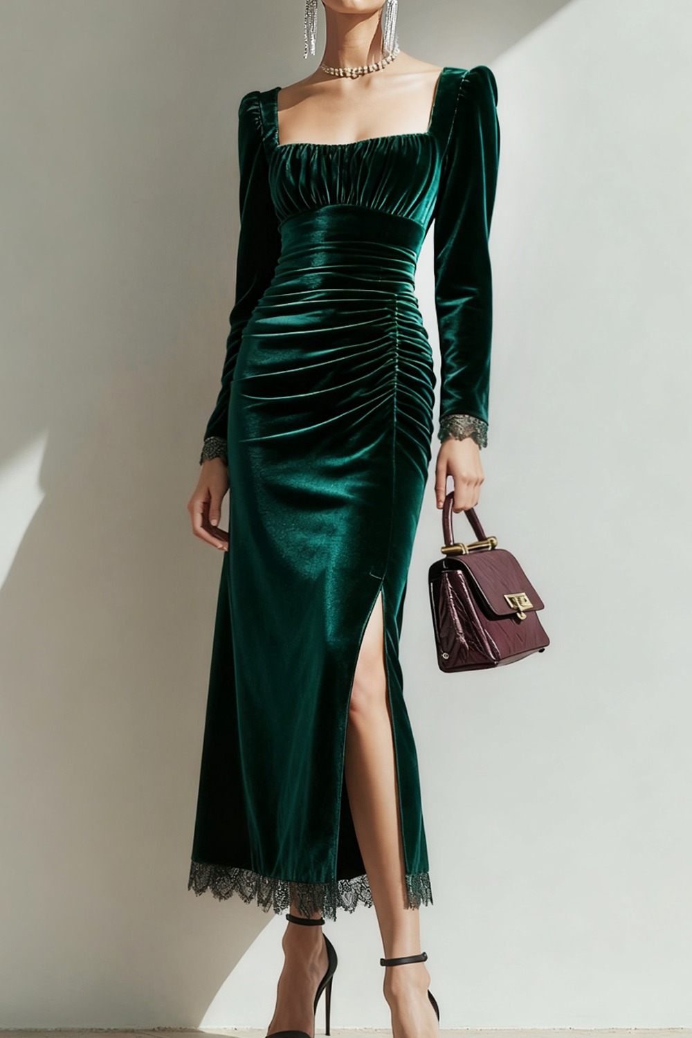 Formal Party Dress Emerald Green Square Neck Ruched Velvet Maxi Dress with Slit