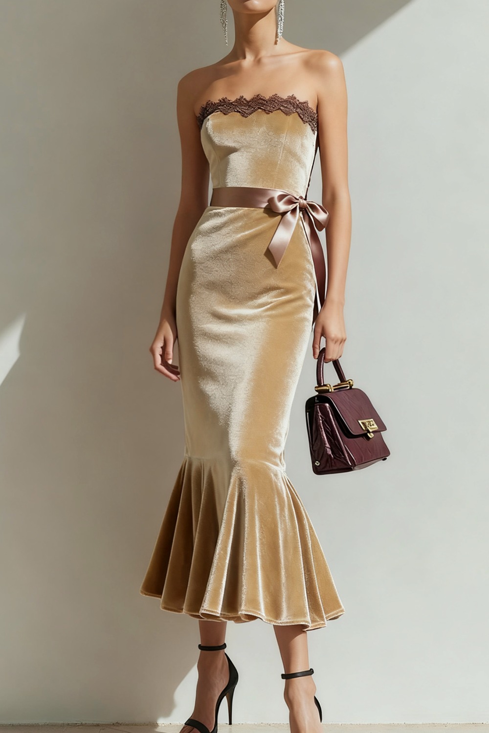 Formal Party Dress Khaki Mermaid Strapless Velvet Midi Dress with Lace
