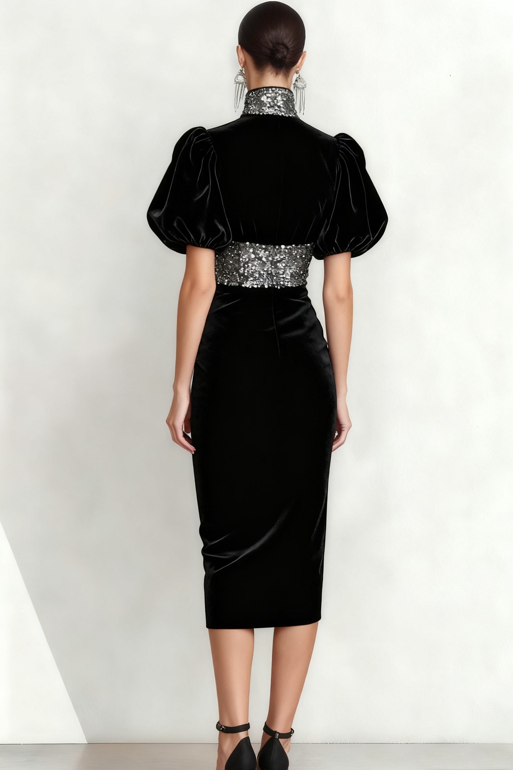 Formal Dress Black Bodycon High Neck Velvet Midi Dress with Sequin